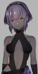  1girl backless_outfit bare_shoulders blue_eyes breasts center_opening closed_mouth dark_skin elbow_sleeve eyebrows_visible_through_hair fate/grand_order fate/prototype fate/prototype:_fragments_of_blue_and_silver fate_(series) hassan_of_serenity_(fate) image_sample looking_at_viewer medium_breasts midriff multicolored multicolored_eyes navel purple_eyes purple_hair red_eyeshadow short_hair simple_background sino42 solo tumblr_sample upper_body 