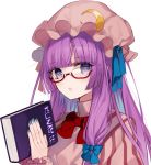  bad_id bad_twitter_id bangs bespectacled blue_bow blue_nails blue_ribbon blunt_bangs book bow bowtie crescent crescent_hair_ornament daimaou_ruaeru dress eyebrows_visible_through_hair glasses hair_bow hair_ornament hat hat_ribbon holding holding_book looking_at_viewer mob_cap nail_polish parted_lips patchouli_knowledge pink_dress pink_hat purple_eyes purple_hair red-framed_eyewear red_bow red_neckwear ribbon simple_background solo touhou upper_body white_background 
