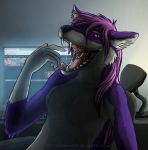  2015 5_fingers anthro biped black_nose blue_fur canine computer computer_screen digital_media_(artwork) drooling duo fangs feet_first fox front_view fur furaffinity geta_(character) hair keyboard larger_anthro larger_male lemondeer long_hair male mammal micro multicolored_fur nude open_mouth oral_vore pink_tongue poojawa purple_eyes purple_hair saliva signature sitting size_difference smaller_anthro smaller_male snout teeth tongue two_tone_fur vore white_fur 