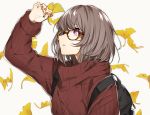  backpack bag bangs brown_hair glasses hand_up leaf leaves_in_wind looking_up nail_polish original purple_eyes red_nails ribbed_sweater short_hair simple_background sino42 sweater 