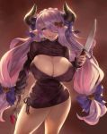  batter black_sweater blue_eyes blush bow braid breasts cleavage commentary draph eu03 french_braid frills granblue_fantasy hair_bow hair_over_one_eye heart_cutout hips horns huge_breasts knife lavender_hair long_hair looking_at_viewer low_tied_hair meme_attire narmaya_(granblue_fantasy) open-chest_sweater open_mouth pointy_ears ribbed_sweater smile solo sweater thighs turtleneck turtleneck_sweater twintails whisk yandere 