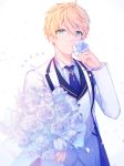  absurdres ahoge aqua_eyes arthur_pendragon_(fate) blonde_hair blue_neckwear bouquet closed_mouth collared_shirt eyebrows_visible_through_hair fate/grand_order fate_(series) flower formal highres holding holding_bouquet holding_flower jacket light_particles long_sleeves looking_at_viewer male_focus miyuki_(miyuki0529) necktie open_clothes open_jacket petals rose rose_petals shirt smile solo star striped striped_shirt suit upper_body vertical-striped_shirt vertical_stripes white_background white_flower white_jacket white_rose white_rose_(fate/grand_order) wing_collar 