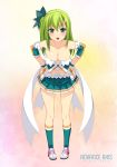  absurdres bangs bare_shoulders beatmania beatmania_iidx blush bow breasts cleavage collarbone eyebrows_visible_through_hair full_body gradient gradient_background green_eyes green_hair green_legwear hair_bow hair_ornament hairclip hands_on_hips highres kinoshita_ichi kitami_erika large_breasts leaning_forward long_hair looking_at_viewer midriff miniskirt navel open_mouth pleated_skirt shoes simple_background skirt smile sneakers solo standing strapless wristband 