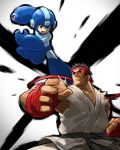  arm_cannon battle belt black_hair capcom commentary_request company_connection crossover dougi fighting_stance fingerless_gloves gloves green_eyes headband helmet highres jumping karate_gi multiple_boys open_mouth rockman rockman_(character) rockman_(classic) ryuu_(street_fighter) sleeveless street_fighter tonami_kanji weapon 