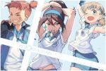  ;d adjusting_hair aki_(girls_und_panzer) armpit_peek arms_up bad_id bad_pixiv_id bandaid bandaid_on_face bangs blue_hairband blue_headband blue_neckwear blue_shorts brown_eyes brown_hair closed_eyes collared_shirt copyright_name emblem english from_behind girls_und_panzer green_eyes grin gym_uniform hair_tie hair_tie_in_mouth hairband half-closed_eyes holding jacket keizoku_(emblem) light_brown_hair looking_at_viewer looking_back mika_(girls_und_panzer) mikko_(girls_und_panzer) mouth_hold multiple_girls navel one_eye_closed open_mouth over_shoulder pairan pom_poms red_hair shirt short_hair short_ponytail short_sleeves short_twintails shorts single_vertical_stripe sleeves_rolled_up smile track_jacket twintails v-shaped_eyebrows white_shirt 