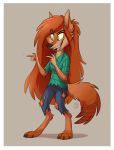  anthro canine clothed clothing digital_media_(artwork) disney ear_piercing female freckles fully_clothed gravity_falls green_eyes hair long_hair mammal mistrel-fox open_mouth piercing red_hair simple_background smile solo standing torn_clothing wendy_corduroy were werewolf 