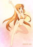  absurdres arm_up armpits ass_visible_through_thighs bare_legs barefoot beatmania beatmania_iidx bikini breasts cleavage full_body highres kinoshita_ichi leg_up long_hair medium_breasts navel non-web_source orange_bikini orange_eyes orange_hair side-tie_bikini sidelocks smile solo standing standing_on_one_leg strap_gap swimsuit umegiri_iroha very_long_hair 