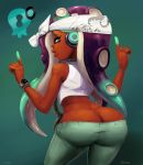  aqua_eyes aqua_hair aqua_nails ass bandana bare_shoulders butt_crack commentary crop_top dark_skin from_behind gradient_hair headphones highres hips iida_(splatoon) index_finger_raised jewelry looking_back makeup mascara mataknight mole mole_under_mouth multicolored_hair nail_polish necklace pants parted_lips purple_hair sleeveless solo splatoon_(series) splatoon_2 splatoon_2:_octo_expansion standing tentacle_hair two-tone_hair watch 