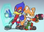  anthro aperture-styles avian bird black_nose boots canine clothing duo falco_lombardi footwear fox fox_mccloud male mammal nintendo smile star_fox toony video_games weapon 