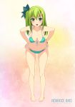  :d absurdres aqua_bikini bangle bare_legs barefoot beatmania beatmania_iidx bikini bow bracelet breasts collarbone front-tie_bikini front-tie_top full_body green_eyes green_hair hair_bow hair_ornament hairclip hands_on_hips highres jewelry kinoshita_ichi kitami_erika leaning_forward long_hair looking_at_viewer medium_breasts navel non-web_source o-ring o-ring_bikini o-ring_bottom o-ring_top one_side_up open_mouth pigeon-toed smile solo standing swimsuit 