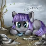  2016 boulder_(mlp) cub cute dialogue dirt earth_pony english_text equine female feral friendship_is_magic glowing hair hooves horse katemaximova leaves lying mammal maud_pie_(mlp) my_little_pony nude outside pony portrait purple_hair rock sky smile solo teal_eyes text tree wind young 