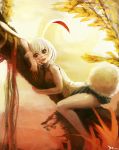  animal_ears blush bunny_ears bunny_tail carrot_(one_piece) chestnut_mouth commentary_request ili104 in_tree looking_at_viewer one_piece rabbit_girl red_eyes skirt sleeveless solo tail tree 