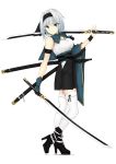  alternate_costume aqua_eyes arm_strap asymmetrical_clothes bare_shoulders black_footwear black_gloves black_hairband boots breast_hold breasts closed_mouth dual_wielding from_side full_body gloves green_capelet hairband high_heel_boots high_heels holding konpaku_youmu long_sleeves looking_at_viewer looking_to_the_side medium_breasts short_hair silver_hair simple_background single_glove single_sleeve smile solo standing suiu_shinotsuku thighhighs touhou unsheathed v v-shaped_eyebrows white_background white_legwear wide_sleeves wristband zettai_ryouiki 