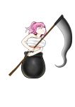  :&lt; bare_arms bare_shoulders blush breasts collarbone commentary_request eyebrows_visible_through_hair getting_over_it hair_bobbles hair_ornament highres holding holding_scythe in_pot large_breasts looking_up midriff_peek onozuka_komachi parody pink_eyes pink_hair pot sarashi scythe short_hair solo touhou transparent_background two_side_up yassy 