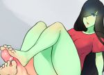  1girl barefoot beauty_mark black_hair blue_eyes feet footjob green_skin hair_over_one_eye long_hair nina_(scathegrapes) parted_lips scathegrapes soles toes 