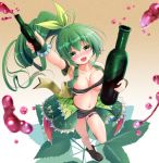  :d alcohol bandeau black_footwear black_shorts blush bottle bow breasts chisato_(missing_park) cleavage collarbone drunk eyebrows_visible_through_hair flower_knight_girl frills full_body green_bow green_eyes green_hair green_vest hair_bow holding holding_bottle hop_(flower_knight_girl) large_breasts leaf long_hair looking_at_viewer navel open_mouth ponytail raised_eyebrows shoes short_shorts shorts smile solo standing standing_on_one_leg unaligned_breasts underboob vest wine wine_bottle wrist_cuffs 