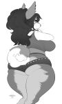  2018 anthro big_breasts big_butt breasts butt canine cherrikissu clothing digital_media_(artwork) female hair hi_res huge_breasts huge_thighs looking_at_viewer looking_back mammal monochrome side_boob slightly_chubby solo thick_thighs voluptuous wide_hips 