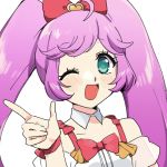  ;d ahoge aqua_eyes bangs blush bow detached_collar detached_sleeves eyebrows_visible_through_hair eyelashes hair_bow heart index_finger_raised long_hair looking_at_viewer manaka_lala medu_(rubish) no_pupils one_eye_closed open_mouth pink_bow pretty_(series) pripara purple_hair raised_eyebrows short_sleeves sidelocks simple_background smile solo swept_bangs tank_top twintails upper_body white_background 