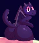  2018 anthro anus balls big_butt blush butt digital_media_(artwork) dragon embarrassed ender_dragon hi_res looking_at_viewer looking_back male minecraft notjoe nude raised_tail scalie sitting solo video_games wings 