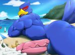  anthro avian beach bird canine croiyan cum cum_on_ground erection falco_lombardi fox_mccloud group hi_res lying macro male male/male mammal muscular muscular_male nintendo on_front penis seaside star_fox video_games wolf wolf_o&#039;donnell 