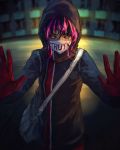  absurdres allie_(fisheye_placebo) bag bangs black_hair blurry blurry_background covered_mouth face_mask fisheye_placebo gloves green_eyes hair_between_eyes hands_up highres hood hoodie long_sleeves looking_at_viewer mask multicolored multicolored_eyes pink_hair red_gloves short_hair shoulder_bag solo surgical_mask upper_body wenqing_yan yellow_eyes 