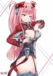  :q antenna_hair aqua_eyes azur_lane bangs breasts candy commentary_request cosplay darling_in_the_franxx donggua_bing_cha eyebrows_visible_through_hair eyeshadow food hair_between_eyes hairband headgear highres horns iron_cross large_breasts lollipop long_hair looking_at_viewer makeup military pink_hair prinz_eugen_(azur_lane) prinz_eugen_(azur_lane)_(cosplay) shiny shiny_hair sideboob solo tongue tongue_out two_side_up white_hairband zero_two_(darling_in_the_franxx) 