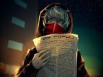 blue_eyes blurry blurry_background building covered_mouth english face_mask fisheye_placebo frey_(fisheye_placebo) highres holding hood hoodie male_focus mask newspaper night poster_(object) short_hair silver_hair sky solo star_(sky) starry_sky wenqing_yan 