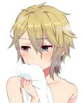  ange_(princess_principal) bangs blonde_hair blue_eyes blush collarbone covered_mouth eyebrows_visible_through_hair gradient_hair grey_hair hair_between_eyes holding holding_towel multicolored_hair nude princess_principal simple_background solo sorimachi-doufu towel wet white_background 