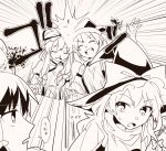  bow closed_eyes commentary_request frilled_bow frilled_hair_tubes frills hair_bow hakurei_reimu hat highres kirisame_marisa long_hair matara_okina multiple_girls open_mouth shikido_(khf) smile tabard touhou witch_hat yakumo_yukari 