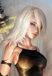  absurdres android armlet armpits bantish blue_eyes breasts commentary highres long_hair medium_breasts mole mole_under_mouth nier_(series) nier_automata pink_lips robot_joints silver_hair solo sword sword_behind_back tank_top upper_body weapon yorha_type_a_no._2 