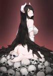  albedo ass bare_shoulders barefoot black_hair black_wings breasts demon_girl demon_horns demon_wings dress feet gloves hair_between_eyes highres horns large_breasts large_wings long_hair looking_at_viewer open_mouth oshin0_(zheng) overlord_(maruyama) short_sleeves simple_background skull soles solo thighhighs white_dress white_gloves wings yellow_eyes 