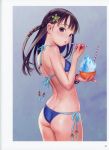  absurdres arched_back ass bangs bikini blue_background blue_bikini bracelet braid breasts brown_eyes brown_hair cowboy_shot drinking_straw eating flat_ass from_side gradient gradient_background hair_ornament highres jewelry long_hair looking_at_viewer looking_back mouth_hold murata_renji original page_number scan shaved_ice side-tie_bikini side_braid skindentation small_breasts solo standing swimsuit 