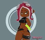  agent_8_(splatoon) belt blanagami breasts clothed clothing clothing_lift dark_skin female looking_at_viewer nintendo octoling partially_clothed pussy skirt skirt_lift solo splatoon standing sweat tentacle_hair tentacles under_boob video_games 