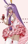  animal_ears ass bangs bow commentary cupcake dark_skin dress eyebrows_visible_through_hair fate/grand_order fate_(series) feet_out_of_frame food food_on_face frilled_dress frills hair_between_eyes hair_bow highres long_hair nitocris_(fate/grand_order) purple_eyes purple_hair simple_background sino42 skirt solo thighhighs thighs very_long_hair white_legwear zettai_ryouiki 