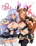  bangs blush braid breasts brown_hair cleavage_cutout commentary_request finger_to_face gloves granblue_fantasy hair_ornament highres kurokawa_otogi large_breasts long_hair multiple_girls one_eye_closed silva_(granblue_fantasy) silver_hair skirt smile song_(granblue_fantasy) thighhighs twin_braids white_gloves 