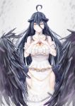  absurdres albedo bare_shoulders black_hair black_wings breasts crossed_fingers demon_girl demon_horns demon_wings deoxysilicic_acid dress gloves hair_between_eyes highres horns large_breasts large_wings long_hair looking_at_viewer open_mouth overlord_(maruyama) short_sleeves simple_background smile solo thighhighs white_dress white_gloves wings yellow_eyes 