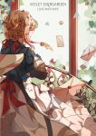  absurdres bad_id bad_pixiv_id bangs blonde_hair blue_eyes blue_jacket braid braided_bun commentary_request damococo double_bun dress envelope from_behind hair_between_eyes hair_intakes hair_ribbon highres jacket jewelry letter long_sleeves love_letter railing red_ribbon ribbon solo violet_evergarden violet_evergarden_(character) wind wind_lift 