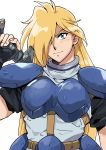  arm_at_side bangs blonde_hair blue_eyes breastplate closed_mouth ears_visible_through_hair eyebrows eyebrows_visible_through_hair fingernails gourry_gabriev hair_between_eyes hair_over_one_eye hand_up holding holding_sword holding_weapon long_hair looking_at_viewer male_focus medu_(rubish) over_shoulder pauldrons simple_background slayers smile solo straight_hair sword upper_body weapon weapon_over_shoulder white_background 
