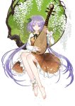  ankle_cuffs bare_legs barefoot dress flower full_body hair_flower hair_ornament instrument long_hair long_sleeves lute_(instrument) music petals pipa_(instrument) playing_instrument purple_eyes purple_hair seeker smile solo touhou tsukumo_benben twintails very_long_hair 
