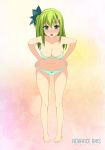  absurdres bare_legs beatmania beatmania_iidx blush bow bra breasts collarbone full_body green_bra green_eyes green_hair green_panties hair_bow hair_ornament hairclip hands_on_hips highres kinoshita_ichi kitami_erika long_hair looking_at_viewer medium_breasts navel non-web_source one_side_up open_mouth panties pigeon-toed solo standing striped striped_bra striped_panties underwear underwear_only 