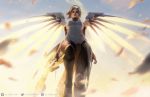  blonde_hair blurry cloud depth_of_field feathers from_below jisuart looking_down mechanical_halo mechanical_wings mercy_(overwatch) midair overwatch pelvic_curtain sky solo staff wings 