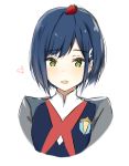  adore_(adoredesu) blue_hair blush darling_in_the_franxx eyebrows_visible_through_hair food fruit green_eyes hair_ornament hairclip half-closed_eyes highres ichigo_(darling_in_the_franxx) looking_at_viewer military military_uniform object_namesake on_head open_mouth simple_background smile solo strawberry uniform upper_body white_background 