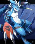  2018 anthro blue_scales claws clothing digimon digital_media_(artwork) dragon evolution evolved fan_character flamedramon gloves growldramon growlmon hair hi_res horn hybrid invalid_tag ivan-jhang lizard looking_at_viewer male markings muscular open_mouth red_eyes reptile scales scalie simple_background solo sven_(character) sven_the_giramon teeth toe_claws vee4eva white_hair white_scales 