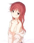  alternate_hairstyle blush breasts chigusa_asuha clothes_down collarbone hair_down nipples qualidea_code red_hair sekiya_asami simple_background small_breasts solo topless white_background 