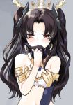  armlet bare_shoulders black_hair black_ribbon blush breasts covered_mouth crown detached_sleeves earrings eyebrows eyebrows_visible_through_hair fate/grand_order fate_(series) gem grey_background hair_grab hair_intakes hair_ribbon hoop_earrings ishtar_(fate/grand_order) jewelry long_hair long_sleeves medu_(rubish) midriff navel red_eyes ribbon sidelocks single_sleeve small_breasts solo stomach two_side_up 