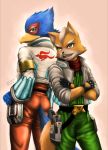  anthro avian bird black_nose brown_fur butt_pose canine caramelix clothing duo falco_lombardi fox fox_mccloud fur gloves jacket male mammal nintendo scarf star_fox video_games white_fur 