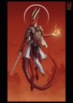 2018 4_toes 5_fingers anthro armor barefoot clothed clothing digital_media_(artwork) dragon holding_object holding_weapon horn lolzguy male melee_weapon red_skin solo sword toes weapon 