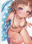  absurdres arm_support bangs bikini blue_eyes blue_innertube blush breasts brown_hair cleavage closed_mouth highres innertube jewelry lips looking_at_viewer medium_breasts murata_renji navel necklace original polka_dot_innertube sandals scan shiny shiny_skin short_hair simple_background skindentation solo striped striped_bikini swimsuit white_background 