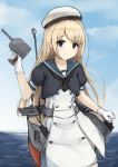  blonde_hair blue_eyes blue_sailor_collar blue_sky cannon cowboy_shot day dress driftkingtw gloves hat highres horizon jervis_(kantai_collection) kantai_collection long_hair looking_at_viewer machinery ocean outdoors sailor_collar sailor_dress sailor_hat short_sleeves signature sky smile solo turret water white_dress white_gloves white_hat 