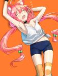  ahoge animal_ear_fluff animal_ears armpits arms_up bike_shorts cat_ears choker closed_eyes drooling fang hair_bobbles hair_ornament hinata_channel long_hair lying mismatched_legwear nekomiya_hinata on_back open_mouth orange_background orange_legwear pink_hair short_shorts shorts simple_background sleeping solo somechime_(sometime1209) striped striped_legwear thighhighs twintails vest virtual_youtuber white_vest zzz 